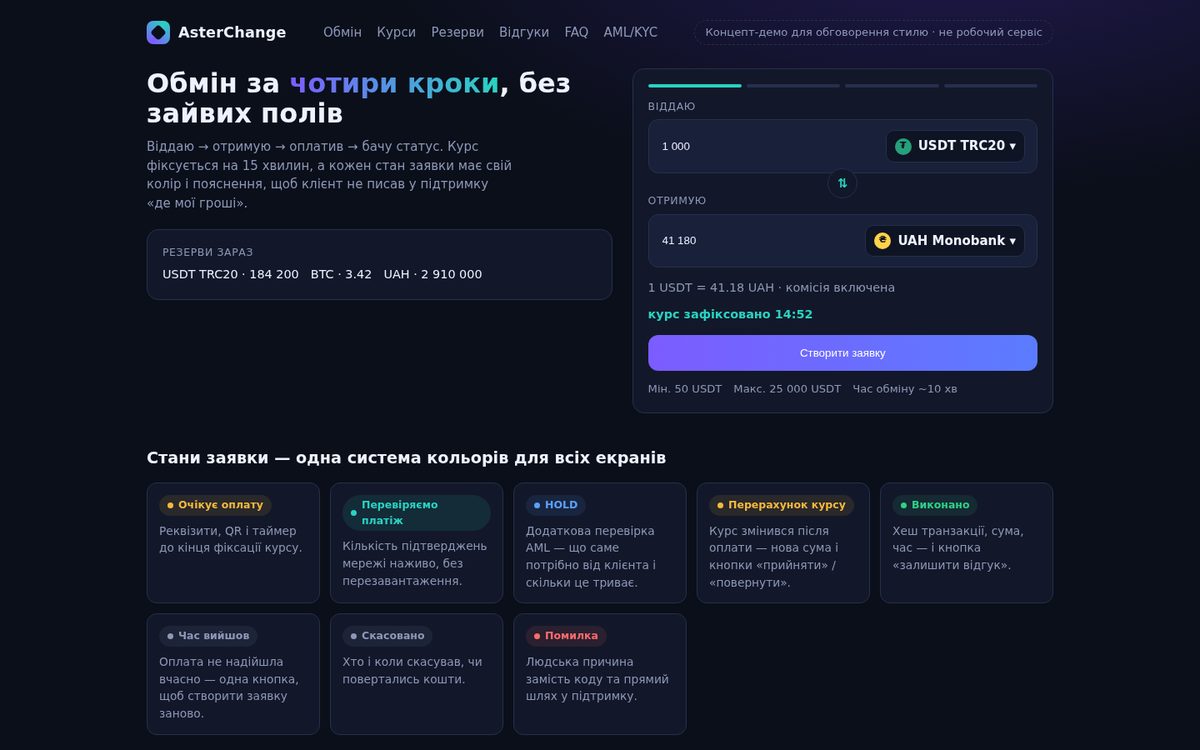 AsterChange — концепт экрана Exchange и статусов заявки