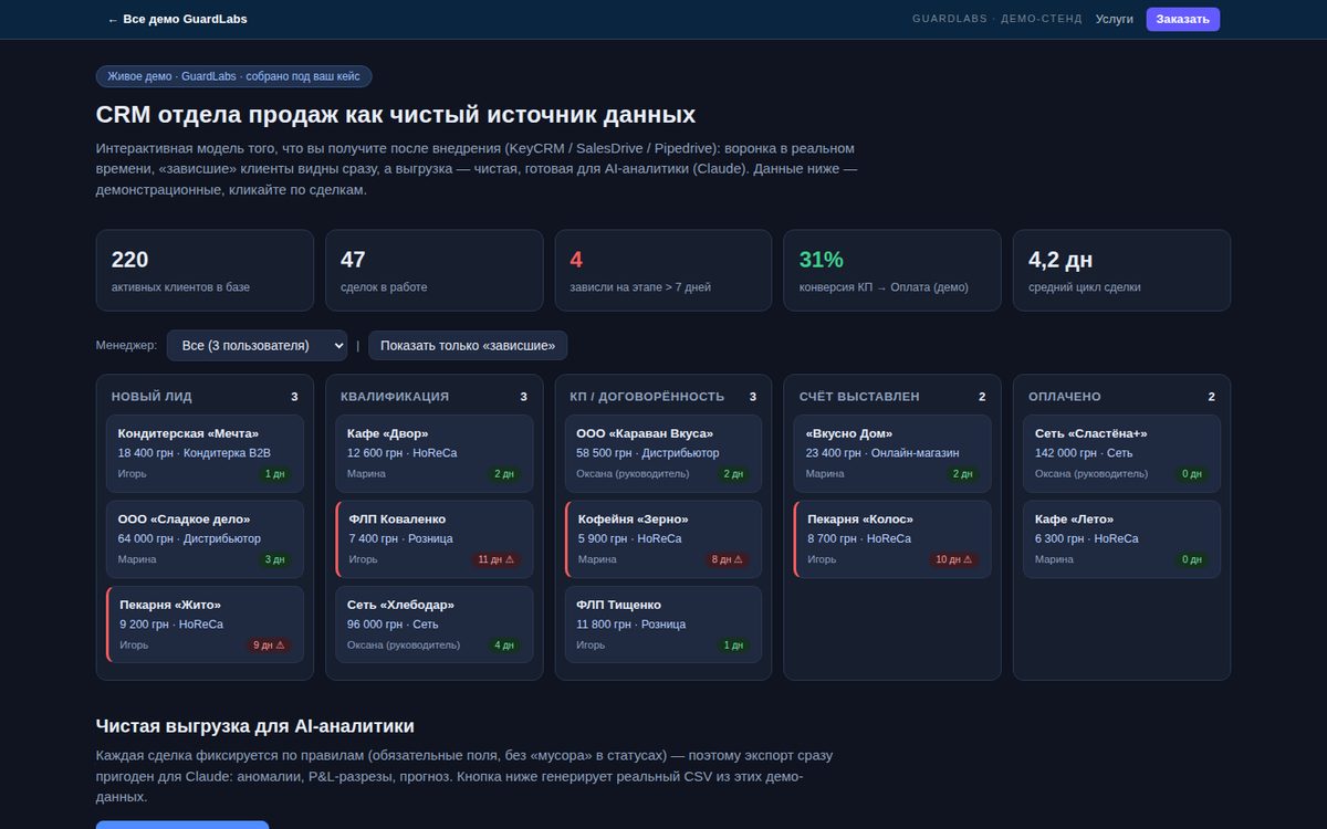 CRM для отдела продаж — живое демо · GuardLabs