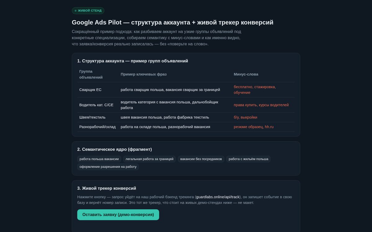 Google Ads Pilot — пример структуры и трекера конверсий