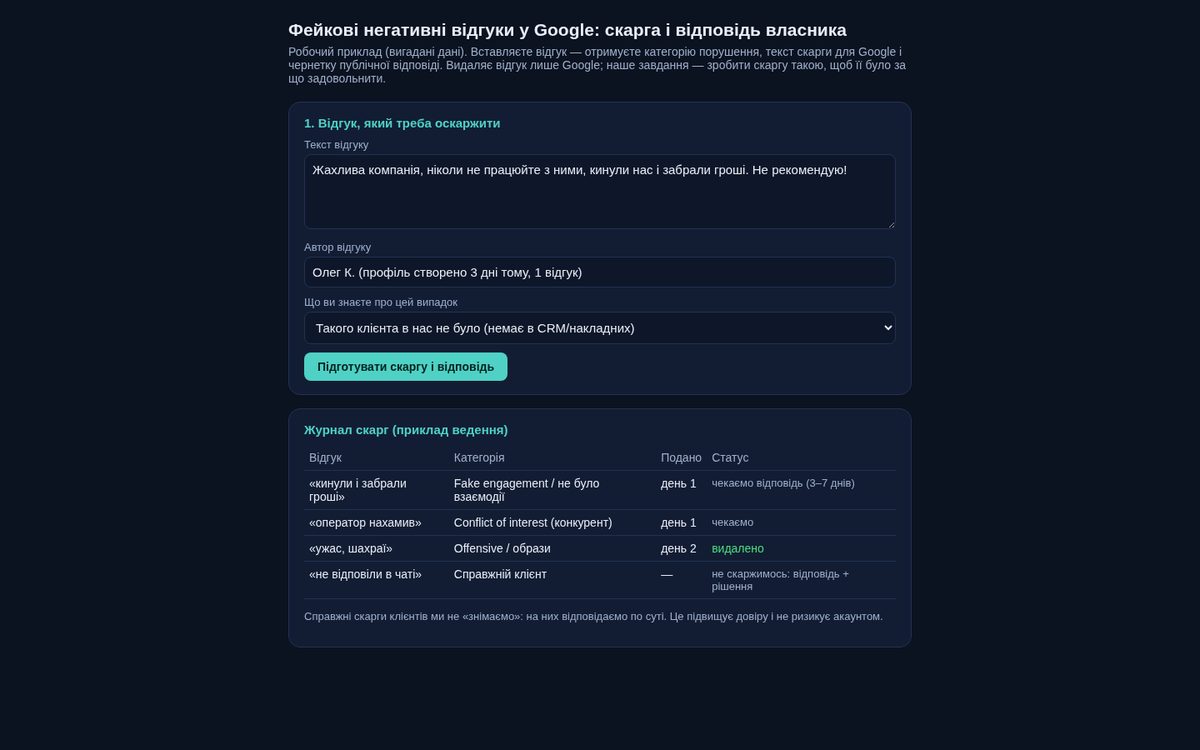 Фейкові відгуки Google: скарга і відповідь — робочий стенд