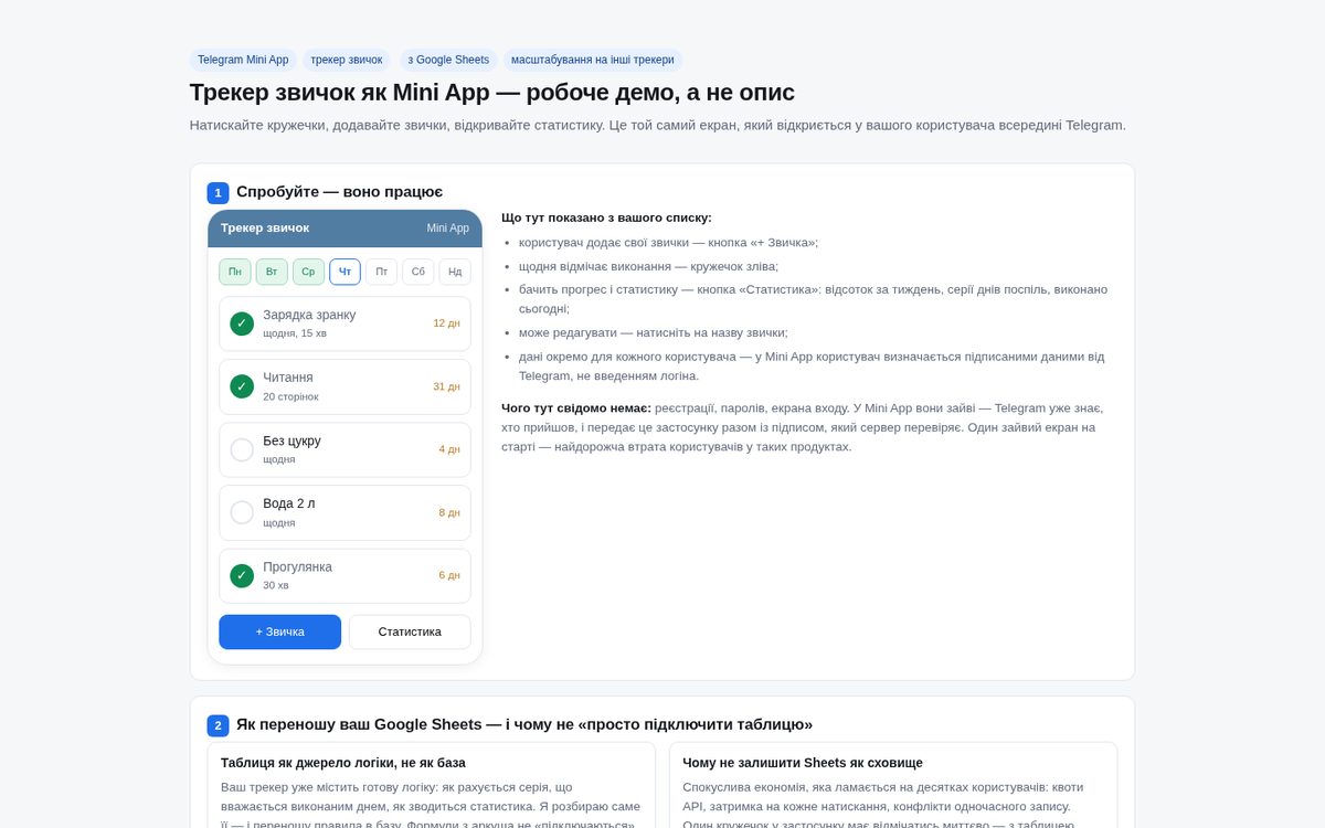 Telegram Mini App — трекер привычек с Google Sheets