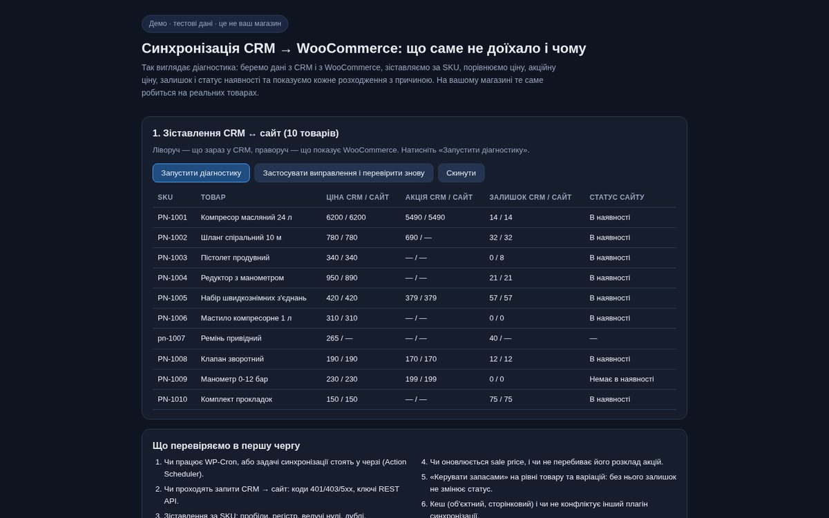 CRM → WooCommerce sync diagnostics — live demo