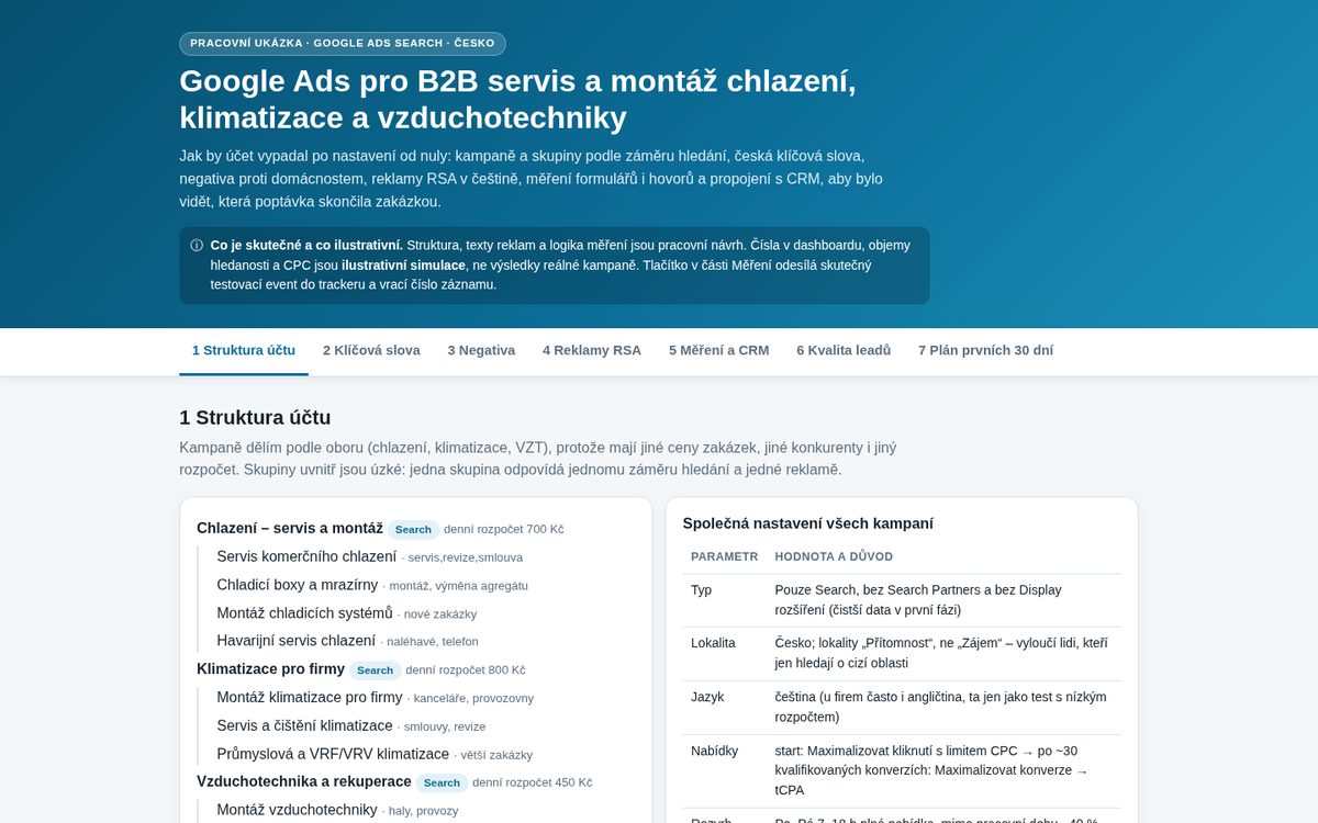 Google Ads pro B2B servis chlazení, klimatizace a VZT – struktura účtu, reklamy a měření poptávek