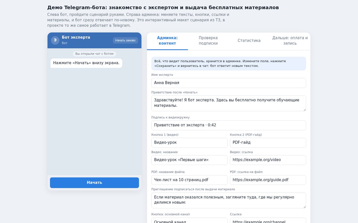 Демо Telegram-бота: знакомство с экспертом и выдача материалов