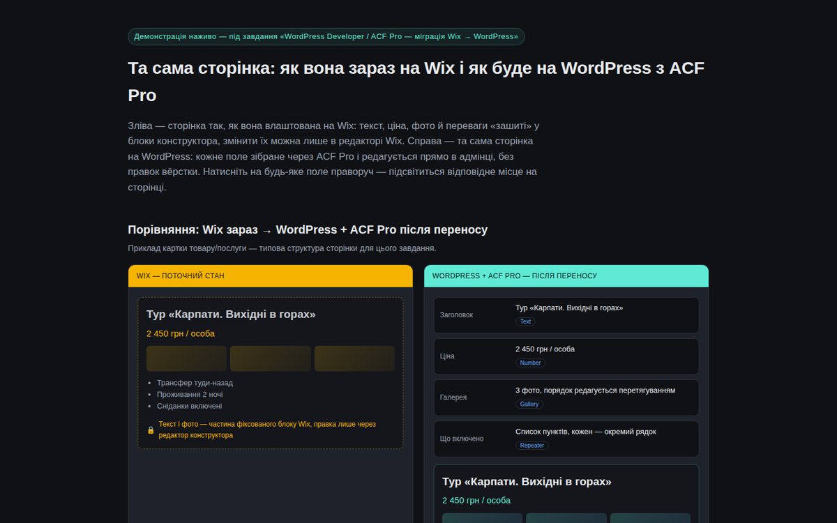 Wix → WordPress + ACF Pro: перенос страницы