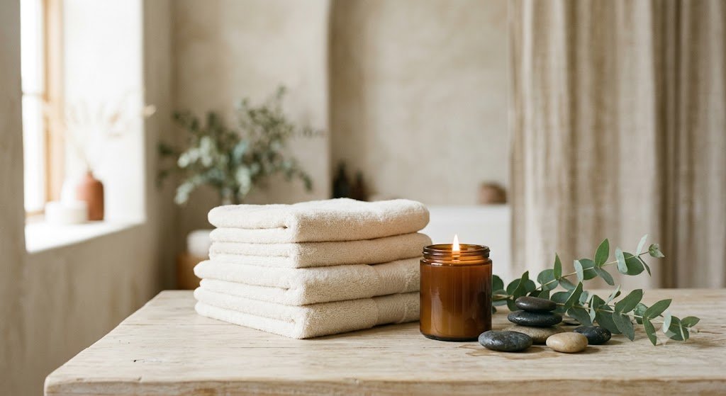 Spa и wellness — полотенца, свеча, эвкалипт