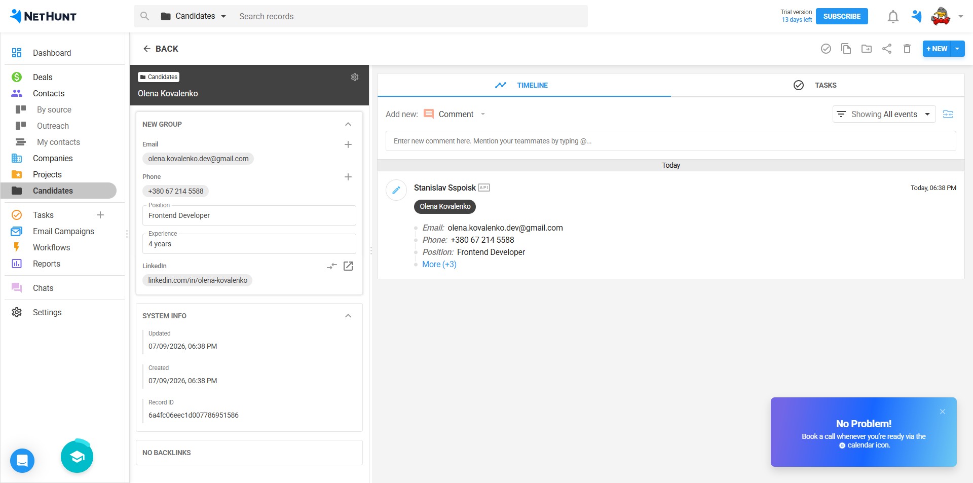 NetHunt CRM — candidate card, Olena Kovalenko