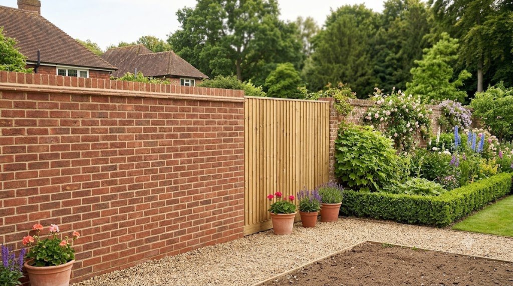 Freshly built brick garden wall next to a new timber fence panel