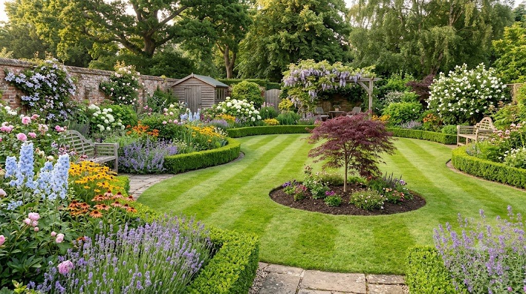 Landscaped British back garden with a manicured lawn and flower borders