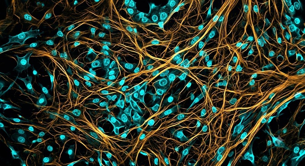 Fluorescence microscopy of skin cells and collagen fibres