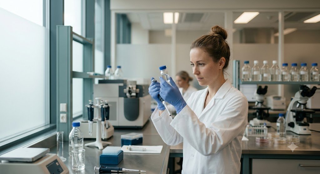 Researcher examining a vial in a laboratory