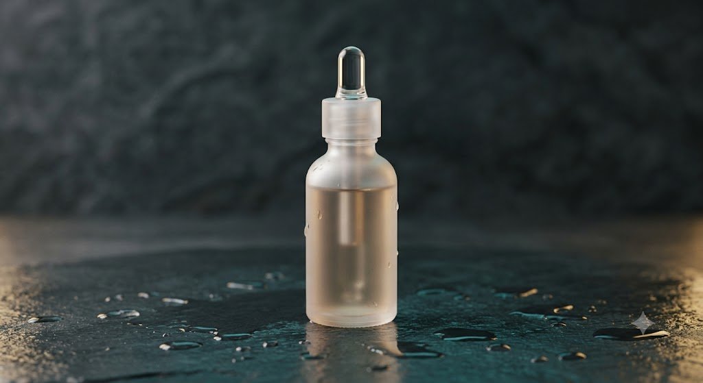 Frosted glass serum bottle with dropper on wet stone