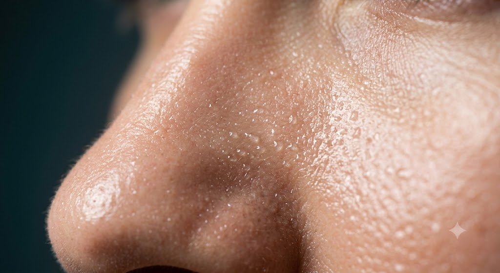 Macro photograph of hydrated human skin surface