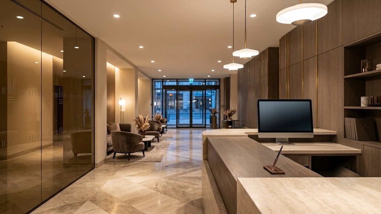 An empty, minimalist front desk with nobody behind it