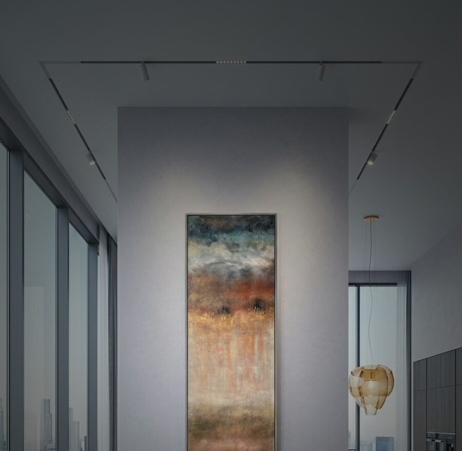 A Gabriela Szuba painting installed in a private residence, floor-to-ceiling windows