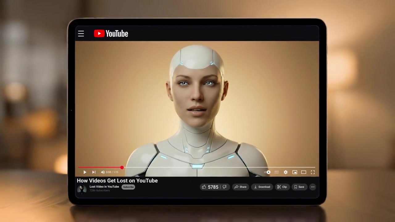 A tablet scrolling past a crowded YouTube home feed, the forgotten video buried in the grid