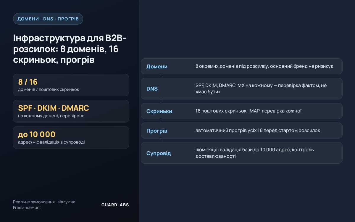 Инфраструктура для B2B-рассылок: 8 доменов, 16 ящиков, прогрев