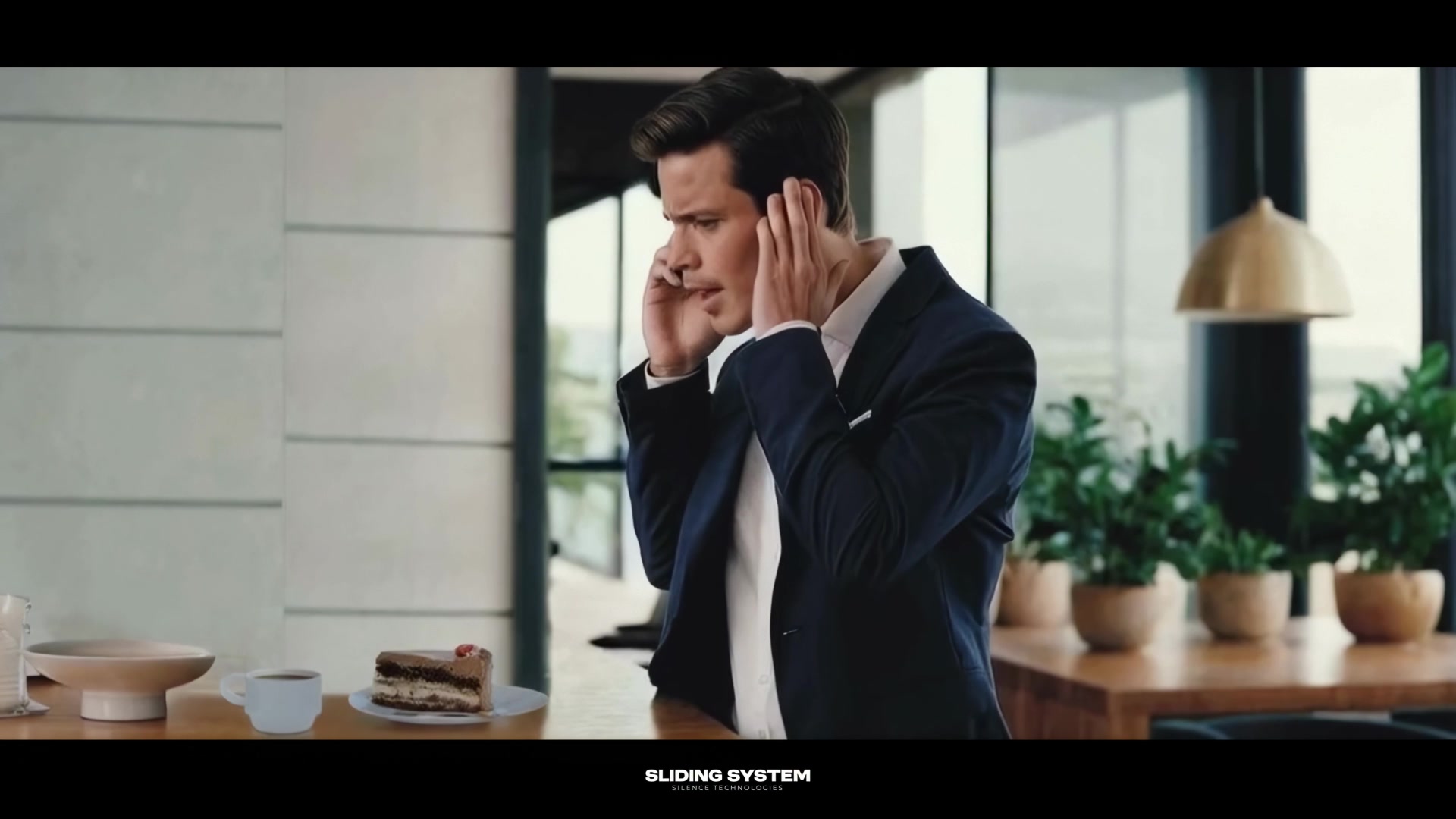 An executive on a call, covering one ear against noise
