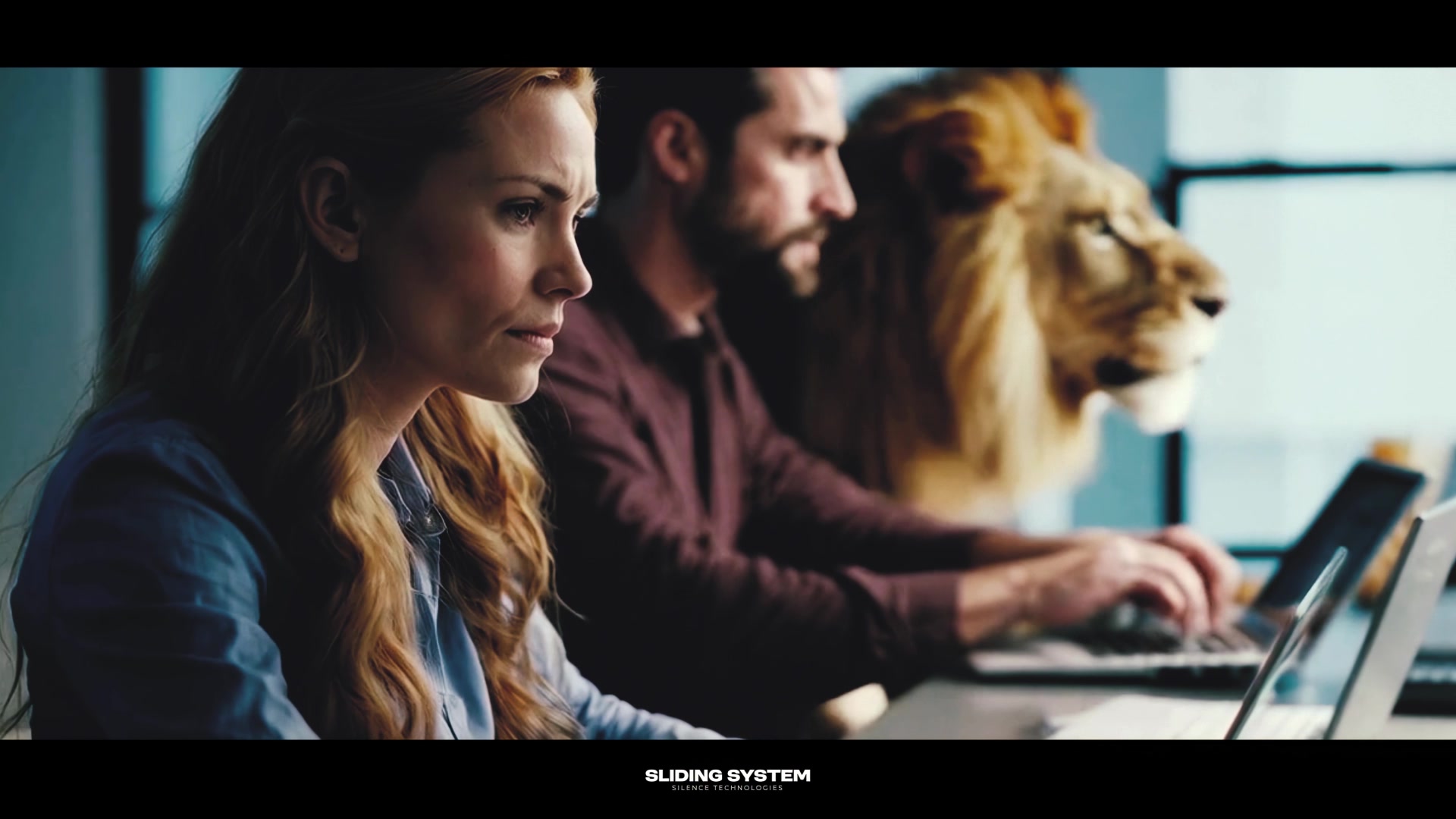 A focused team at their laptops with the lion among them